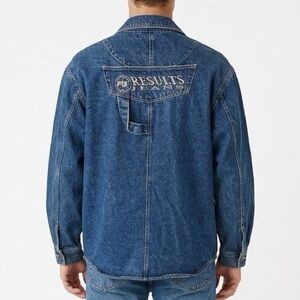 VINTAGE RESULTS JEANS Y2K Denim Jacket 90s Streetwear Logo Embroidered M